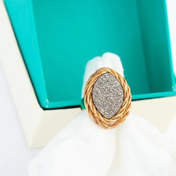 2 tone 14Kt Italy statement ring platinum druzy quartz luxury Vicenza Gold 10